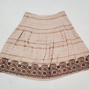 OSCAR de la Renta Beige Jacquard Brown Floral Embroidered Pleated Full Skirt